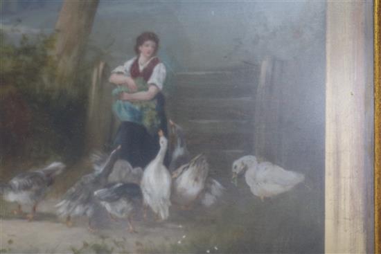 English School, oil on canvas, woman feeding geese in a landscape, indistinctly signed, 50 x 75cm